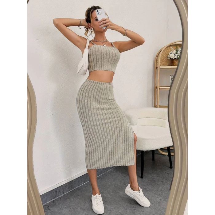 Kadın Kolsuz Askılı Crop Yırtmaçlı Midi Etek Fitilli Kaşkorse Takım