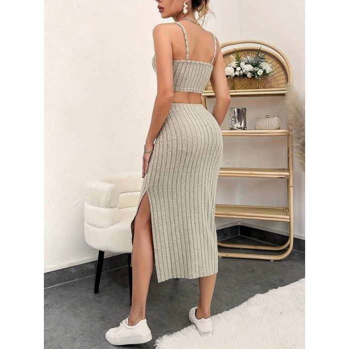 Kadın Kolsuz Askılı Crop Yırtmaçlı Midi Etek Fitilli Kaşkorse Takım