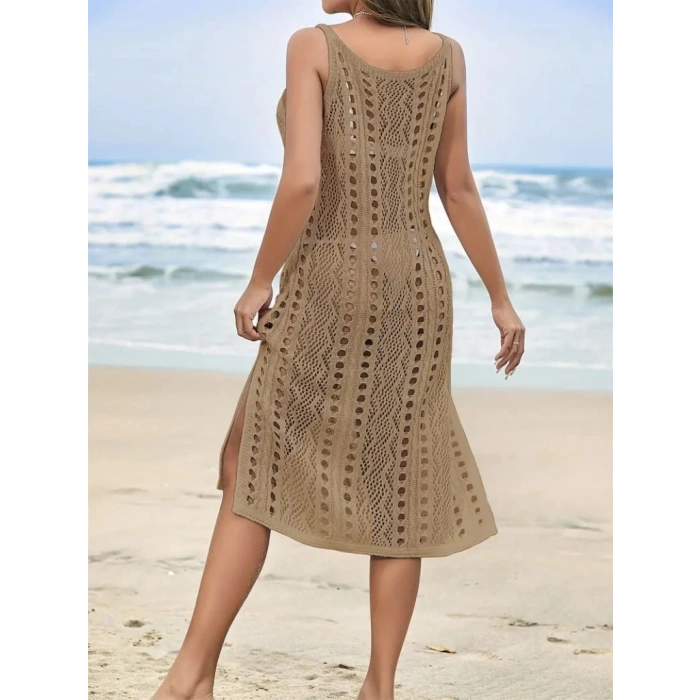 Kadın Kolsuz Askılı Yan Yırtmaç Detay Triko Midi Boy Elbise