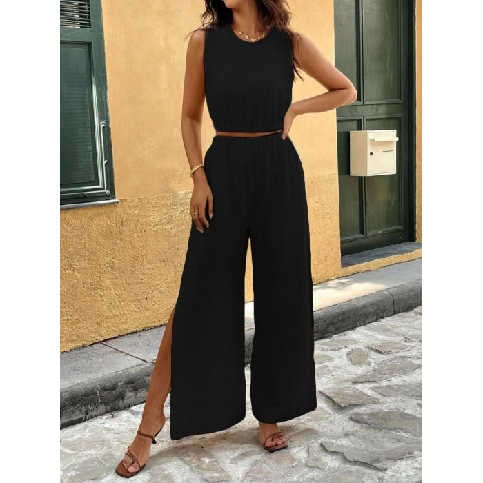 Kadın Kolsuz Beli Lastikli Atlet Ve Yırtmaç Detay Pantolon Ikili Takım