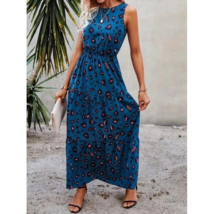 Kadın Kolsuz Bisiklet Yaka Beli Lastikli Desenli Süprem Elbise