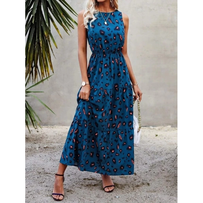 Kadın Kolsuz Bisiklet Yaka Beli Lastikli Desenli Süprem Elbise