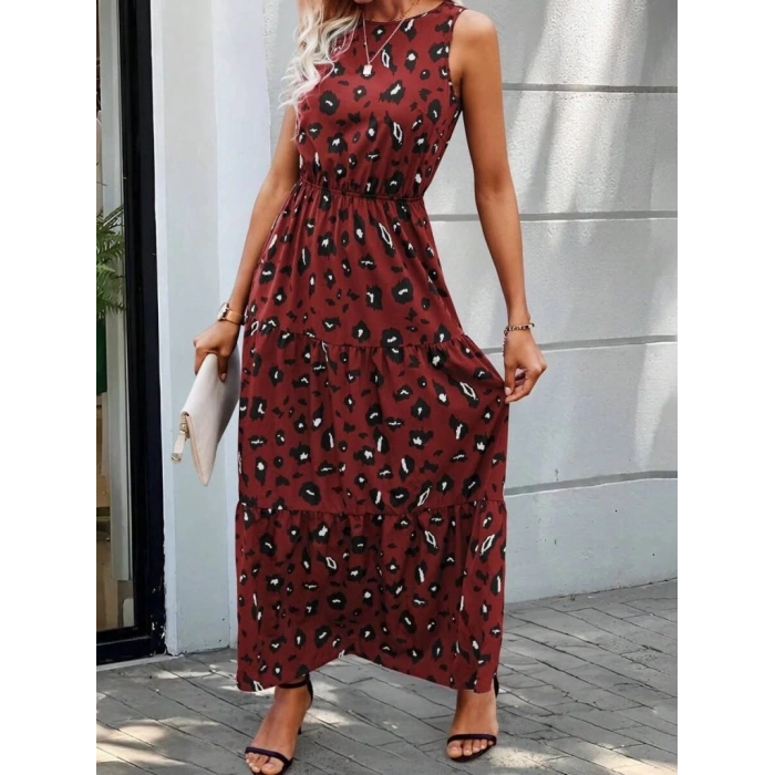 Kadın Kolsuz Bisiklet Yaka Beli Lastikli Desenli Süprem Elbise