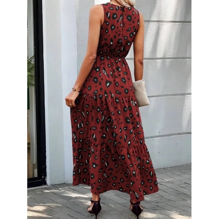 Kadın Kolsuz Bisiklet Yaka Beli Lastikli Desenli Süprem Elbise