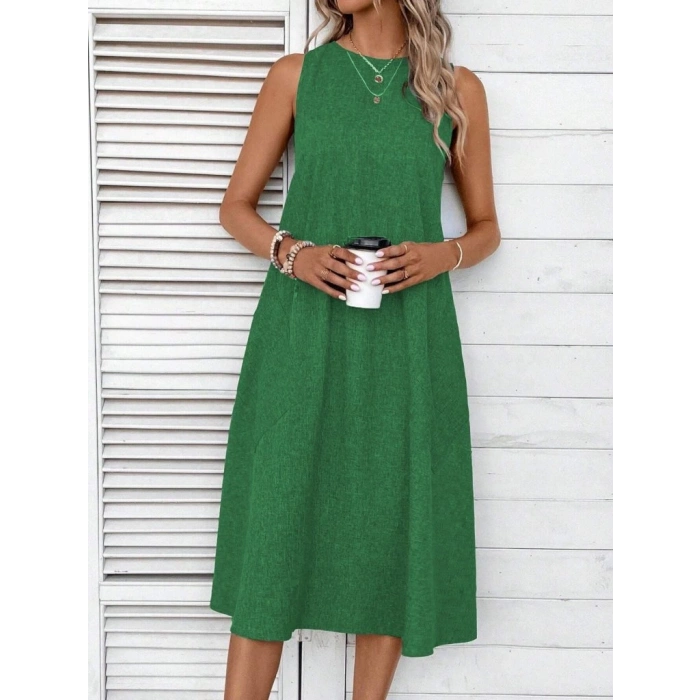 Kadın Kolsuz Bisiklet Yaka Cepli Midi Keten Elbise