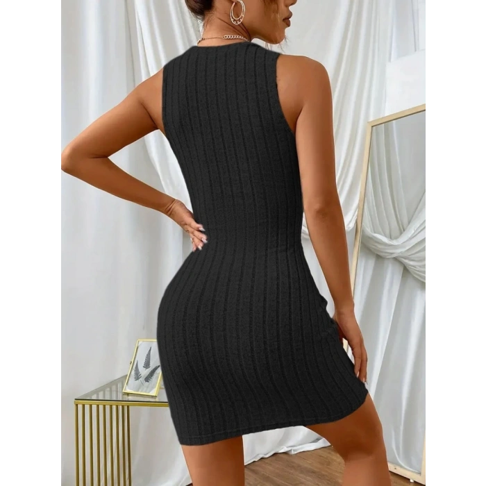 Kadın Kolsuz Bisiklet Yaka Kalın Fitilli Kaşkorse Mini Elbise