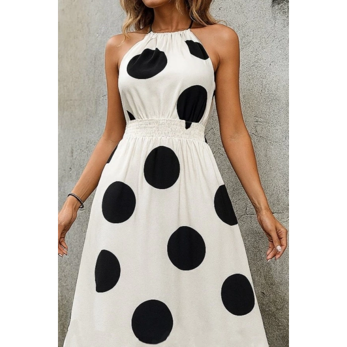 Kadın Kolsuz Boyundan Bağlamalı Beli Lastikli Dijital Baskı Süprem Uzun Elbise