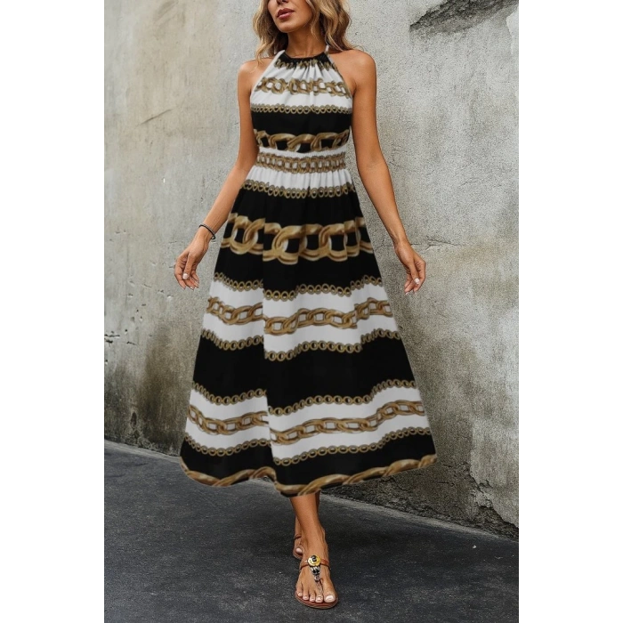 Kadın Kolsuz Boyundan Bağlamalı Beli Lastikli Dijital Baskı Süprem Uzun Elbise