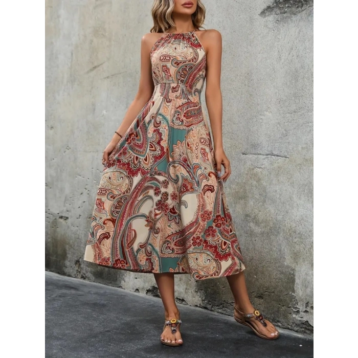 Kadın Kolsuz Boyundan Bağlamalı Beli Lastikli Etnik Desen Baskı Süprem Uzun Elbise