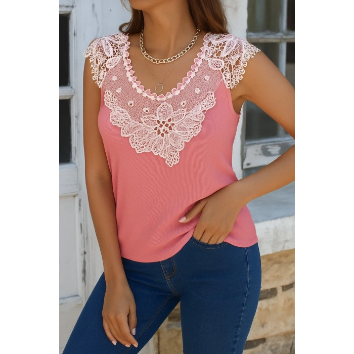 Kadın Kolsuz Dantel Yaka Kaşkorse Bluz
