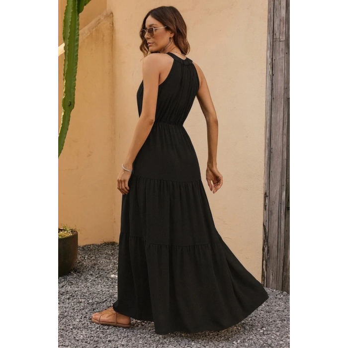 Kadın Kolsuz Halter Yaka Beli Lastiklidesenli Mikro Elbise