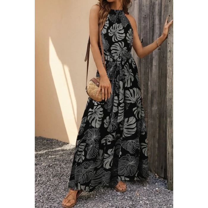 Kadın Kolsuz Halter Yaka Beli Lastikliotantik Desenli Mikro Kumaş Elbise