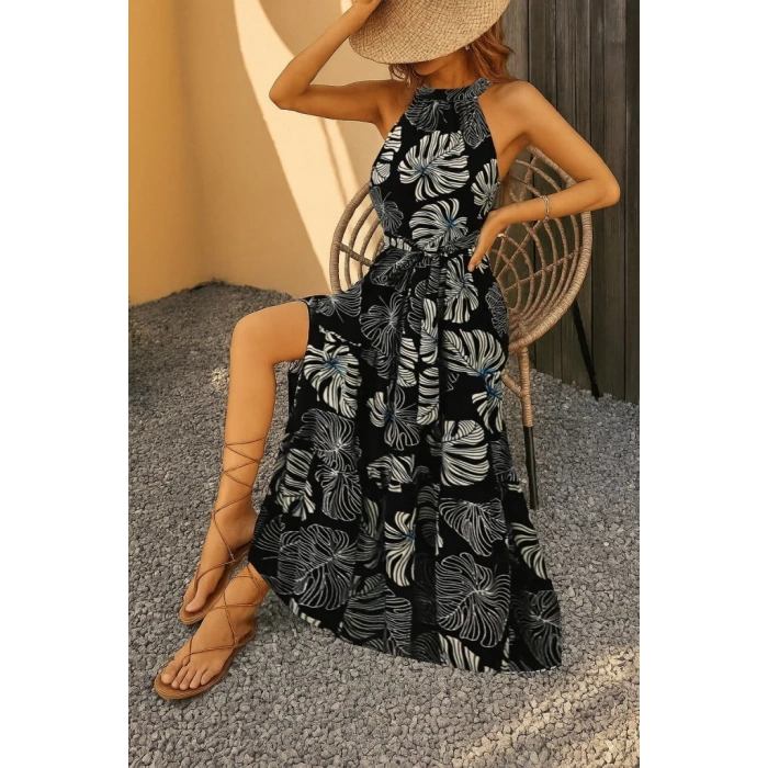 Kadın Kolsuz Halter Yaka Beli Lastikliotantik Desenli Mikro Kumaş Elbise