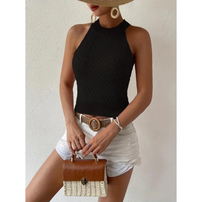 Kadın Kolsuz Halter Yaka Mini Baklava Desenli Triko Bluz