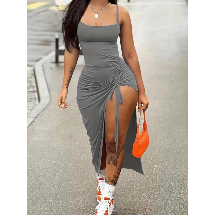 Kadın Kolsuz Ip Askılı Yandan Büzgülü Uzun Viskon Elbise