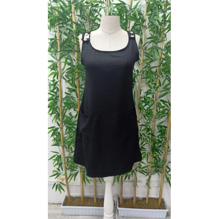 Kadın Kolsuz Kalın Askılı Düğme Detay Cepli Keten Elbise