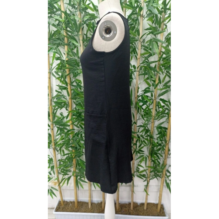 Kadın Kolsuz Kalın Askılı Düğme Detay Cepli Keten Elbise