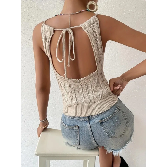 Kadın Kolsuz Sırt Dekolte Detay Askılı Triko Bluz