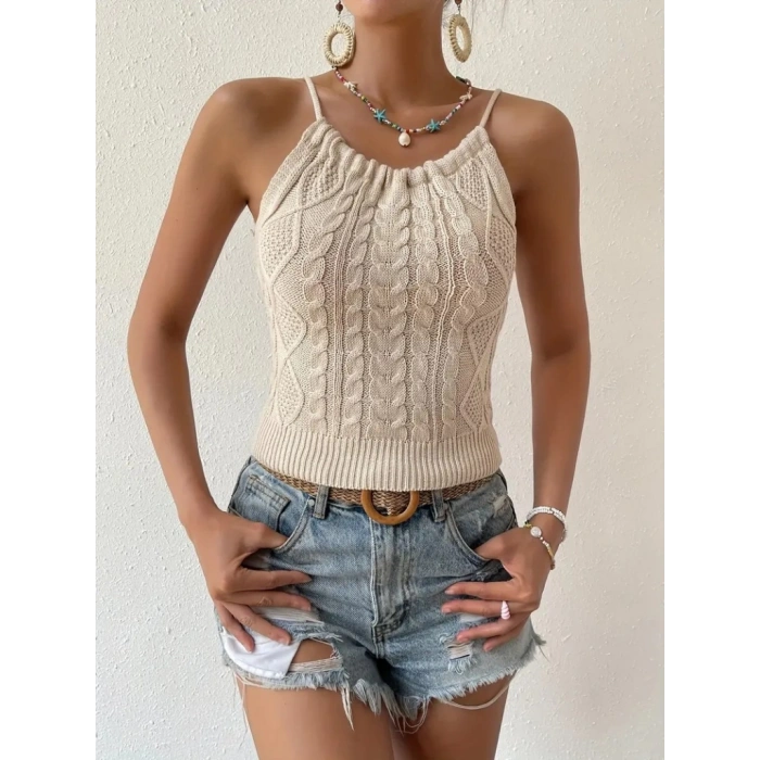 Kadın Kolsuz Sırt Dekolte Detay Askılı Triko Bluz