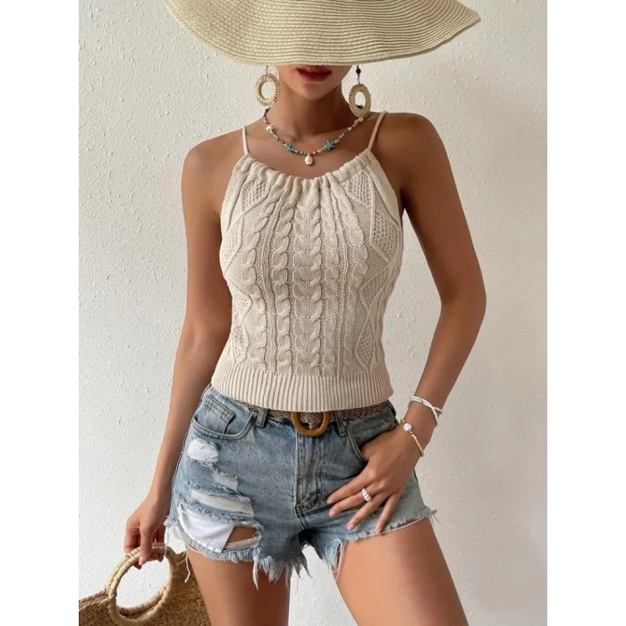 Kadın Kolsuz Sırt Dekolte Detay Askılı Triko Bluz