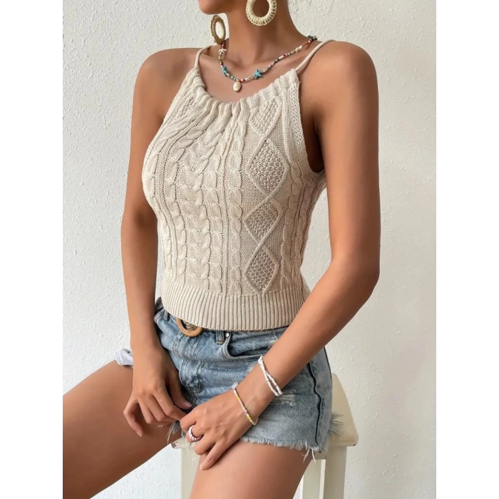 Kadın Kolsuz Sırt Dekolte Detay Askılı Triko Bluz