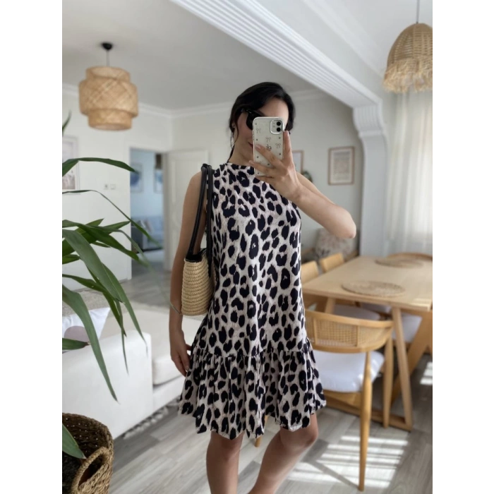 Kadın Kolsuz Sırttan Bağlamalı Fırfırlı Leopar Desenli Süprem Elbise