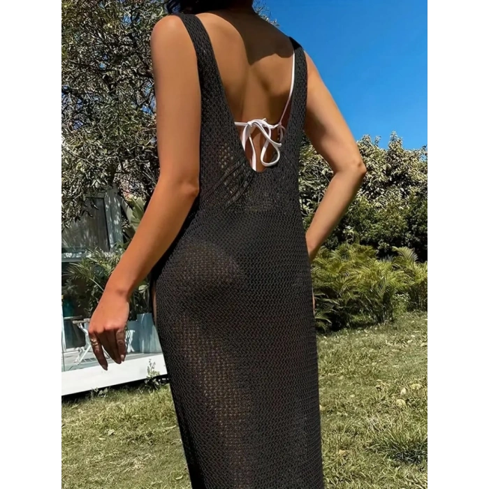 Kadın Kolsuz V Yaka Kalın Askılı Sırt Derin Dekolte Ve Yırtmaç Detay Triko Pareo