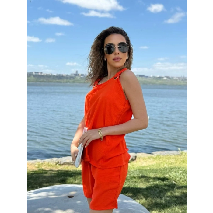 Kadın Kolsuz V Yaka Kuş Gözü Detay Bluz Short Aerobin Ikili Takım