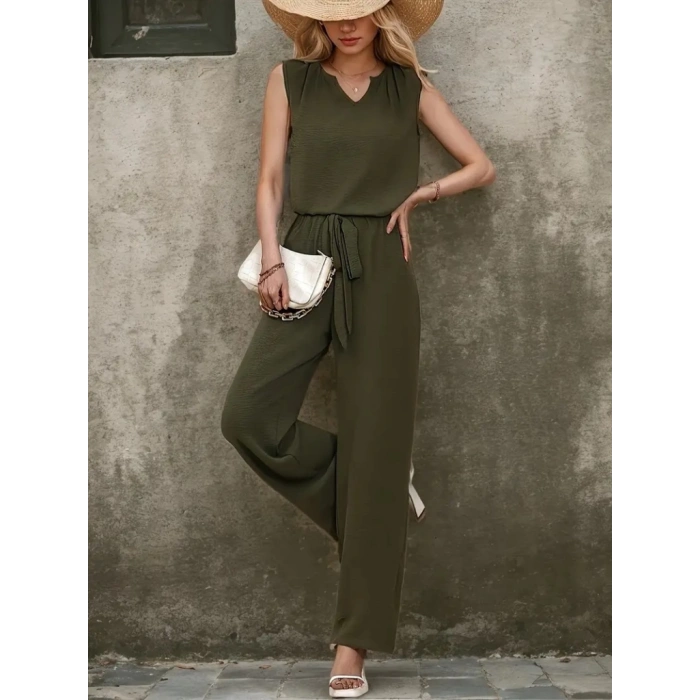 Kadın Kolsuz V Yakalı Aerobin Bluz Ve Belden Kuşaklı Pantolon Ikili Takım