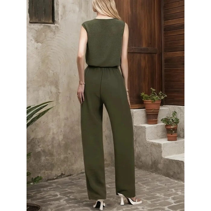 Kadın Kolsuz V Yakalı Aerobin Bluz Ve Belden Kuşaklı Pantolon Ikili Takım