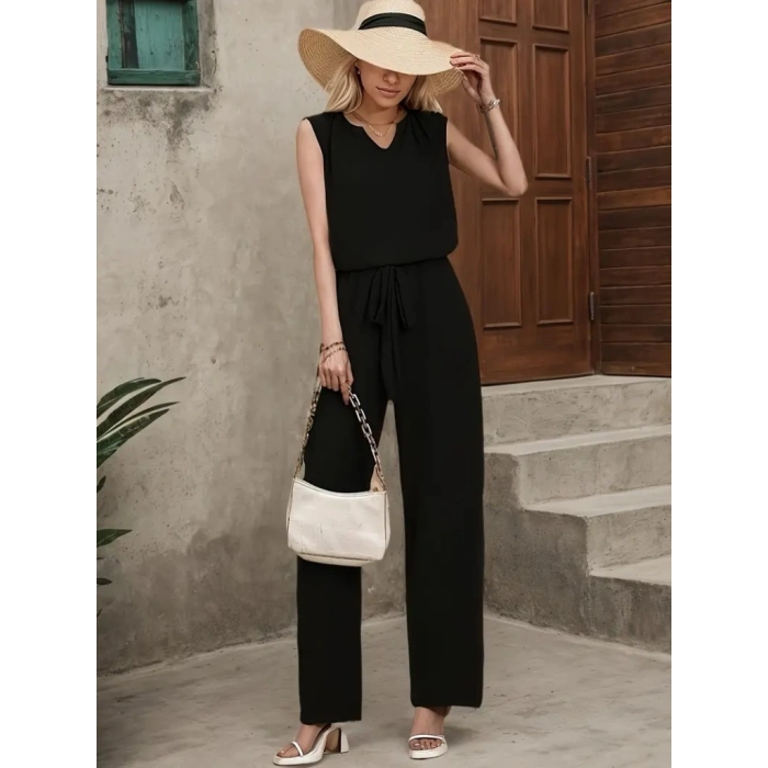 Kadın Kolsuz V Yakalı Aerobin Bluz Ve Belden Kuşaklı Pantolon Ikili Takım