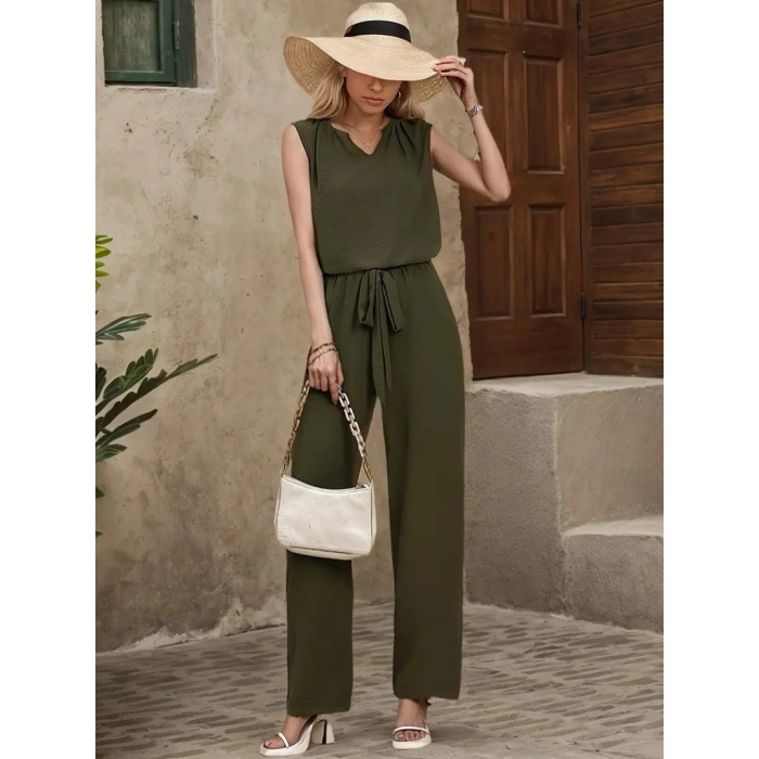 Kadın Kolsuz V Yakalı Aerobin Bluz Ve Belden Kuşaklı Pantolon Ikili Takım
