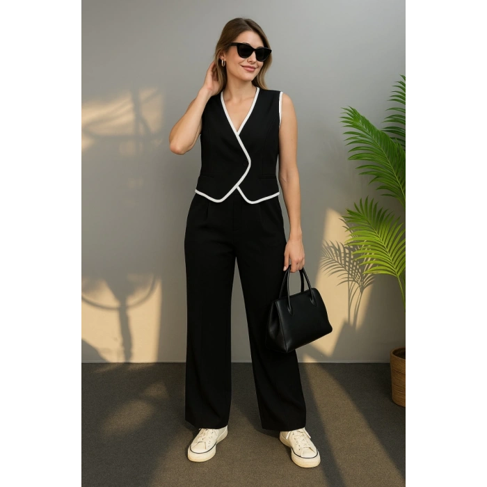 Kadın Kolsuz V Yakalı Düğmeli Ithal Krep Yelek Ve Pantolon Ikili Takım