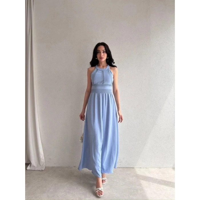 Kadın Krinkil Kumaş Beli Gipeli Halter Yaka Maxi Boy Elbise