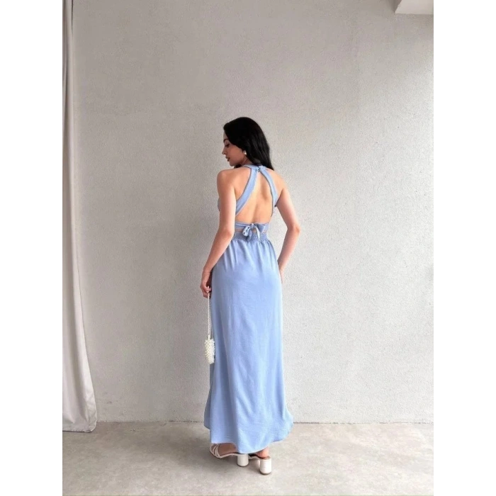 Kadın Krinkil Kumaş Beli Gipeli Halter Yaka Maxi Boy Elbise