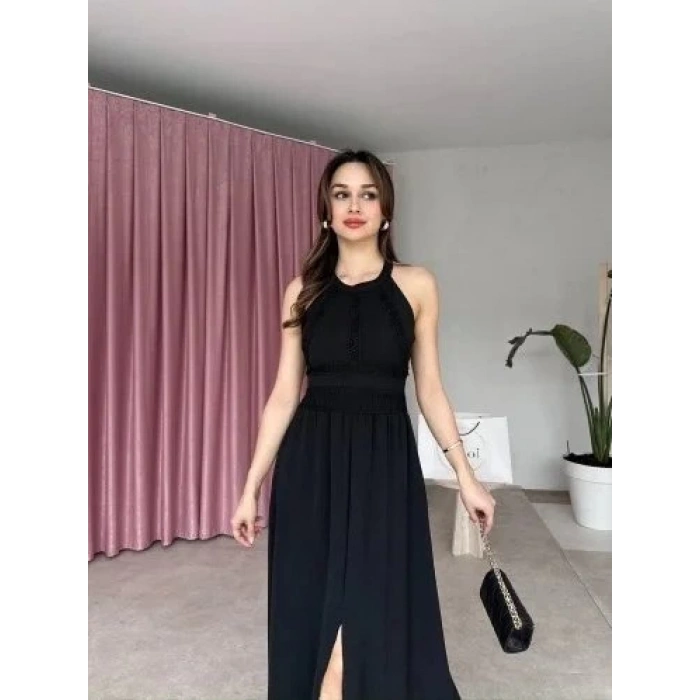 Kadın Krinkil Kumaş Beli Gipeli Halter Yaka Maxi Boy Elbise