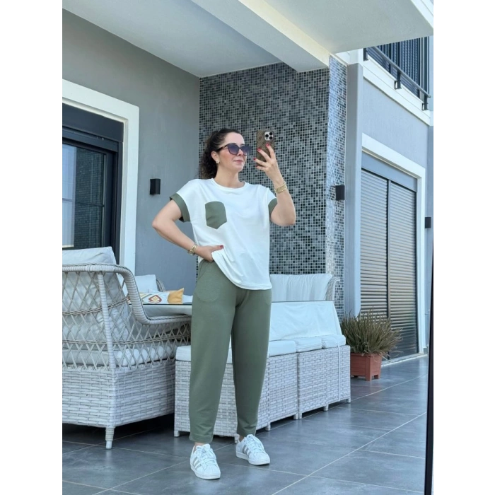 Kadın Kristal Kumaş Garnili Cep Detaylı Ikili Takım