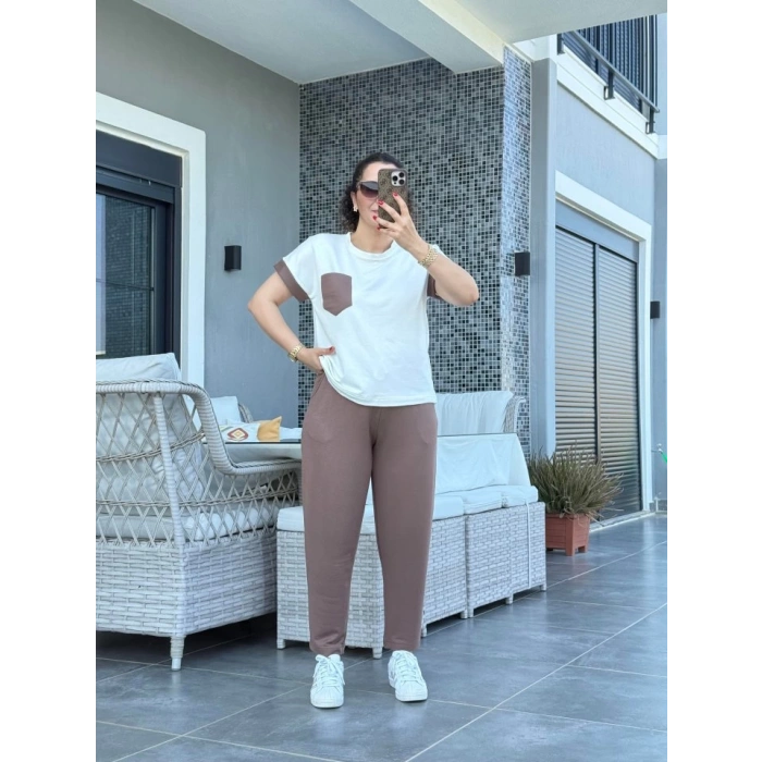 Kadın Kristal Kumaş Garnili Cep Detaylı Ikili Takım