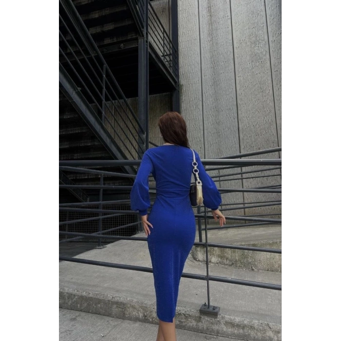 Kadın Kruvaze Yaka Balon Kol Simli Krep Kumaş Midi Boy Elbise