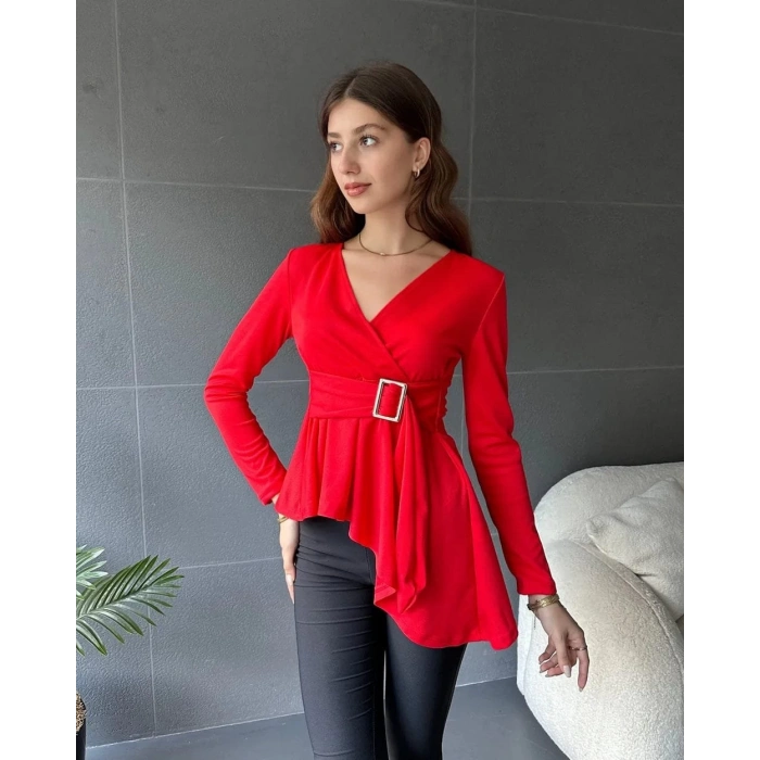 Kadın Kruvaze Yaka Kemer Detay Asimetrik Kesim Bluz