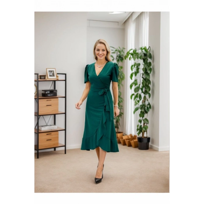 Kadın Kruvaze Yaka Midi Boy Kuşaklı Krep Elbise 120 Cm