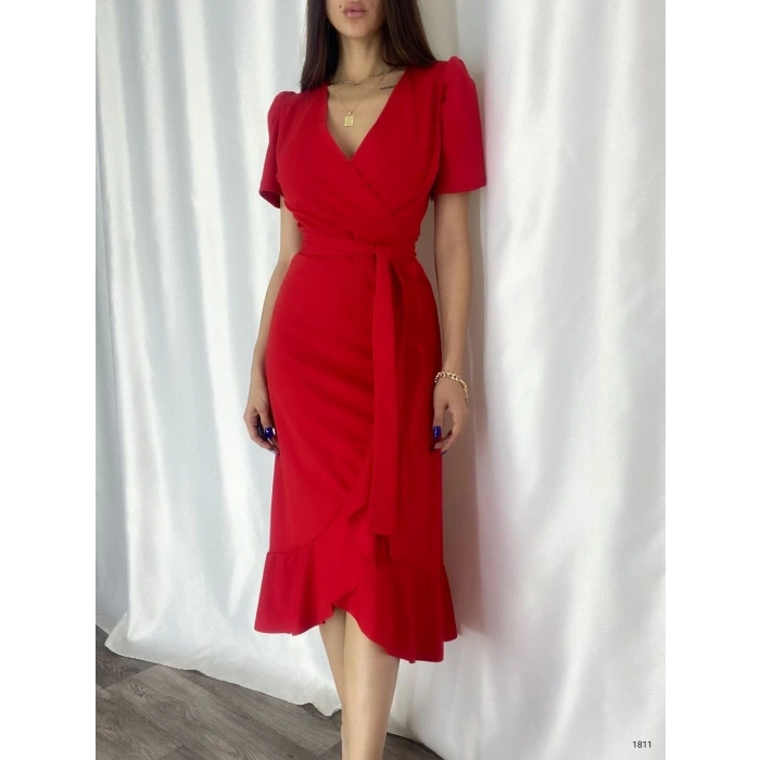 Kadın Kruvaze Yaka Midi Boy Kuşaklı Krep Elbise 120 Cm