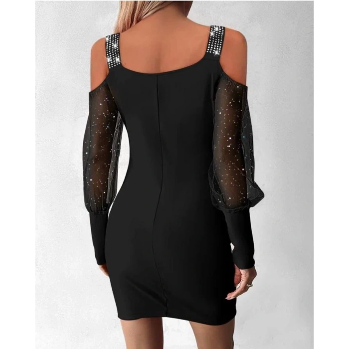 Kadın Kruvaze Yaka Omuz Ve Sırt Dekolteli Taş Detay Mini Elbise