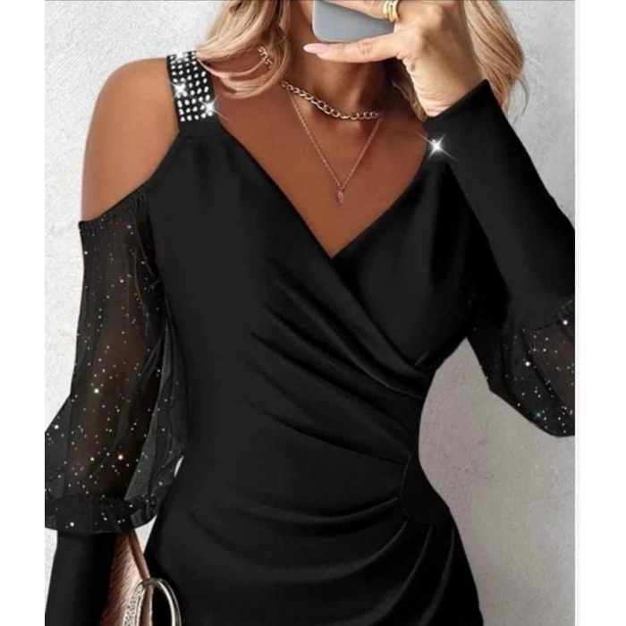 Kadın Kruvaze Yaka Omuz Ve Sırt Dekolteli Taş Detay Mini Elbise