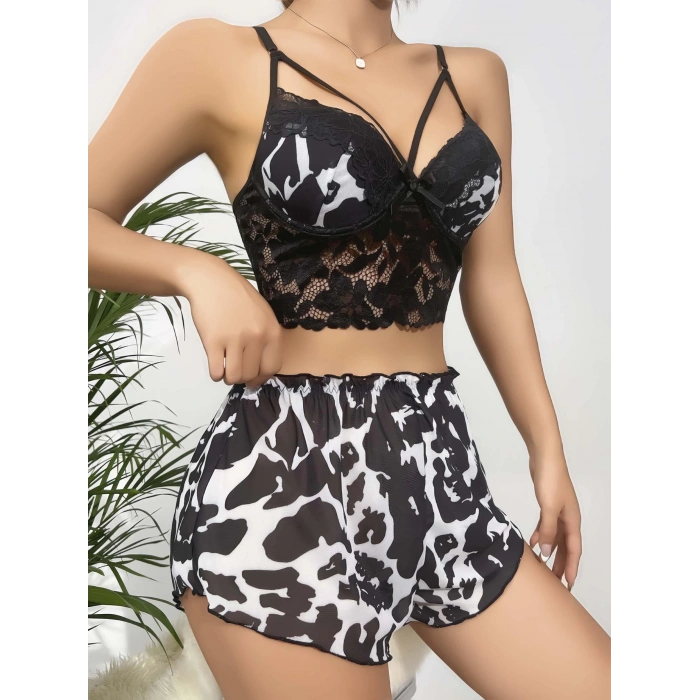 Kadın Siyah Leopar desenli Dantel detaylı Şortlu Gecelik Pijama Takımı 5055