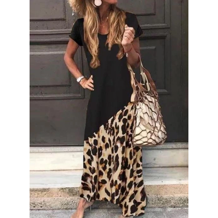 Kadın Leopar Garnili, Turlu Viskon Elbise