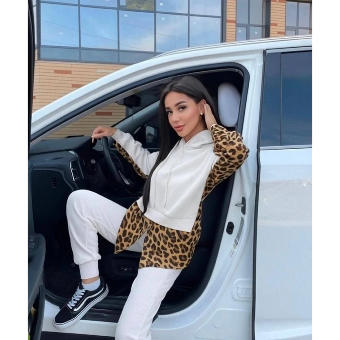 Kadın Leopar Ve Gömlek Detay Sweat Ve Pantolon Kili Takım
