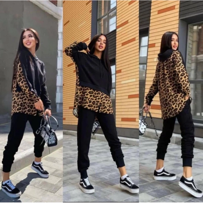 Kadın Leopar Ve Gömlek Detay Sweat Ve Pantolon Kili Takım