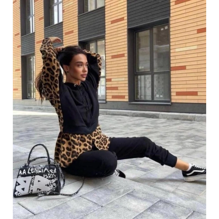 Kadın Leopar Ve Gömlek Detay Sweat Ve Pantolon Kili Takım
