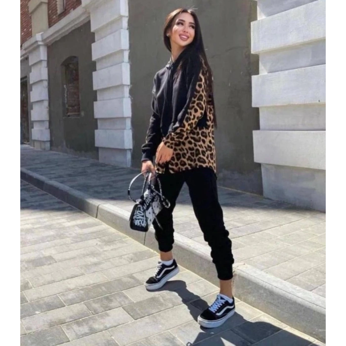Kadın Leopar Ve Gömlek Detay Sweat Ve Pantolon Kili Takım